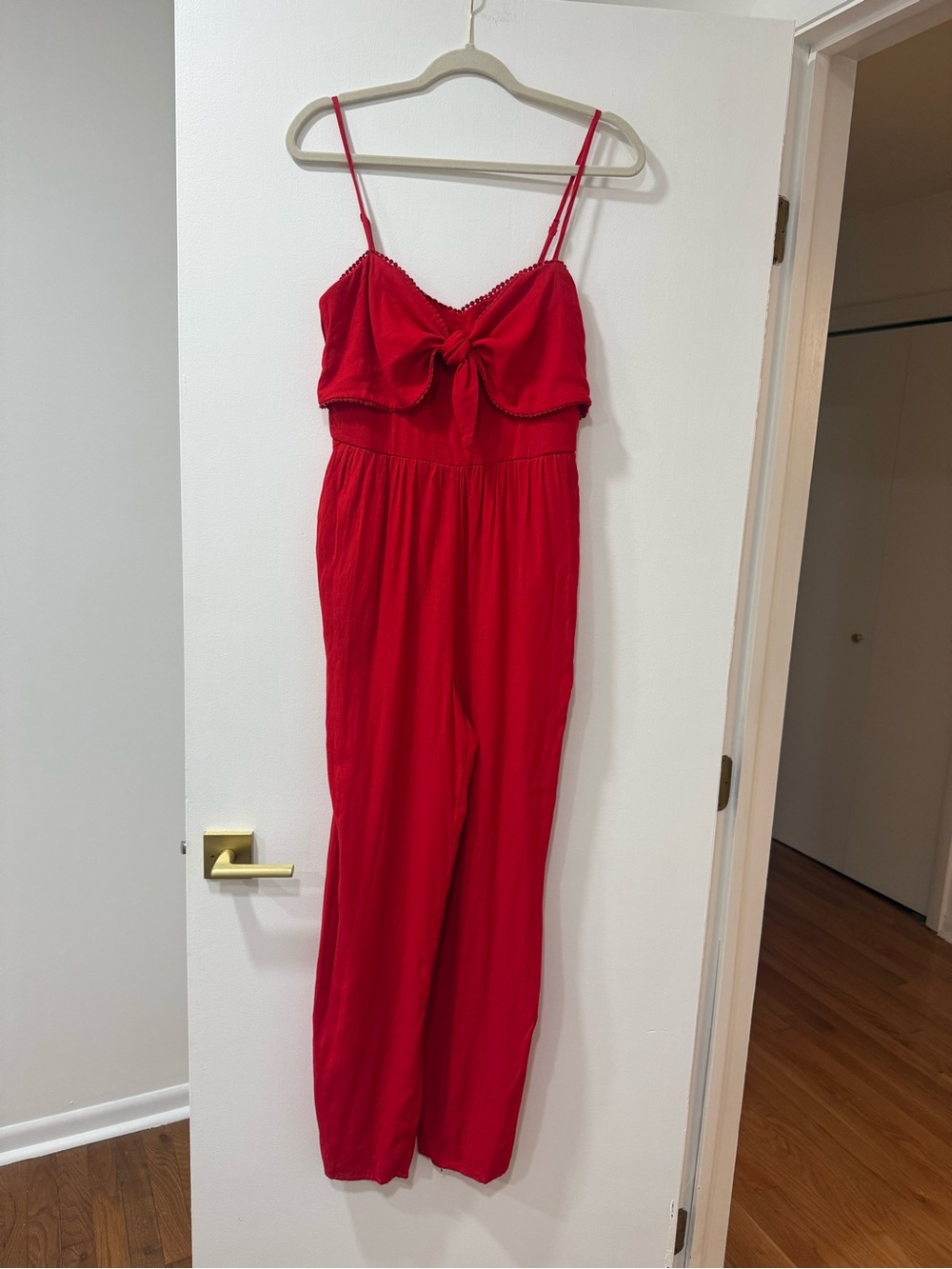 Francesca's Collections Red Spaghetti-Strap Jumpsuit with Front Tie